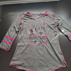 Silver Jeans Ladies Rodeo Classic Long Sleeve Tee - Gray and Pink Large